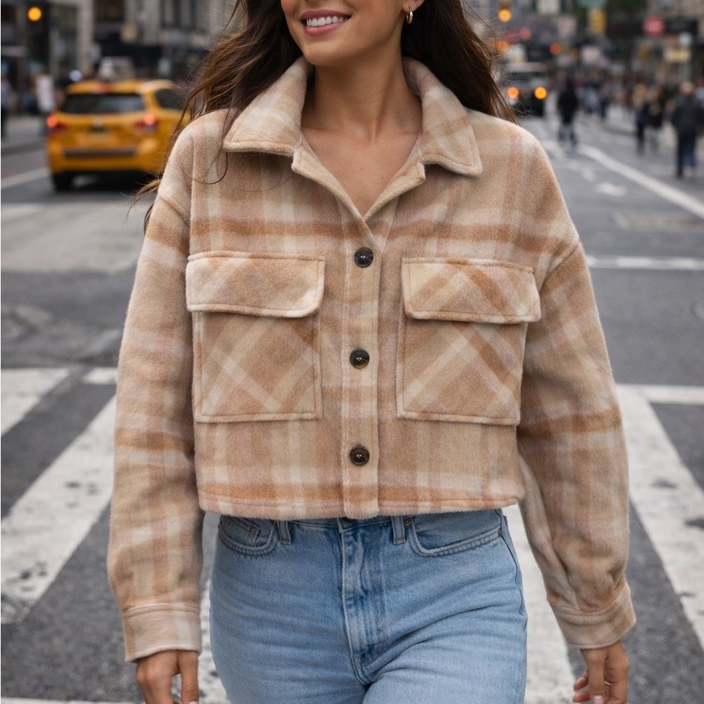 Plaid Utility Shacket Jacket - Beige Plaid